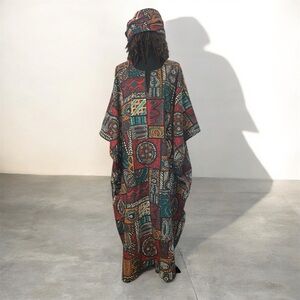 Vintage 90s Colorful African Inspired Patterned Kaftan Free Size